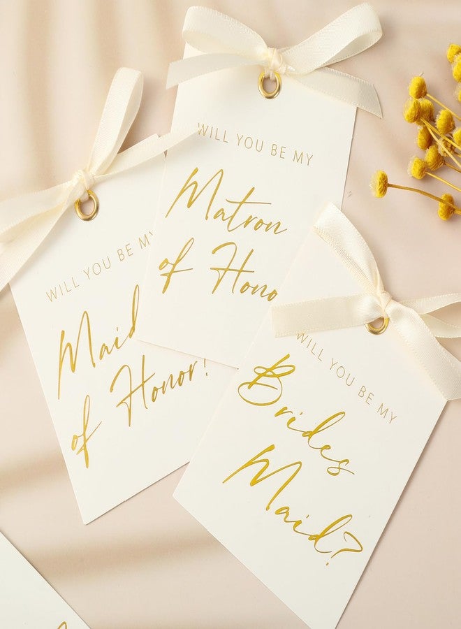 FYSUIMU 14Pcs Bridesmaid Proposal Card with Ribbon Bow 4 Designs Gold Foil Matron of Honor Invitation Paper Tags Will You Be My Bridesmaid for Bridal Shower Wedding - Image 1