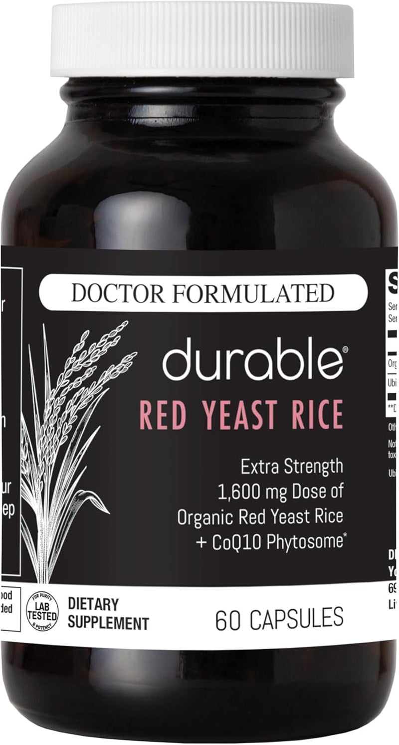 Durable RED Yeast Rice  Organic 1600 mg ExtraStrength  CoQ10 Phytosome  Cholesterol  Heart Health Support  Promotes Healthy Blood Flow  Circulation Doctor Formulated Made in USA  60 Capsules - Image 1