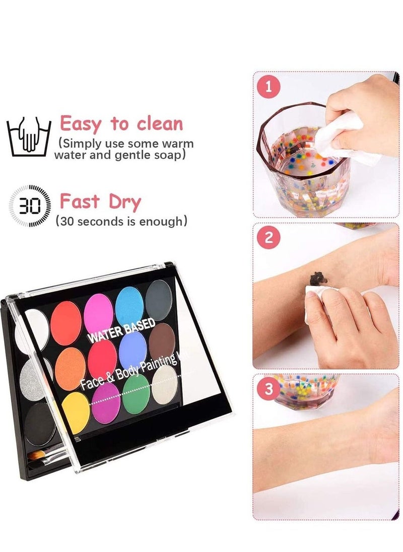 Face Paint Kit for Kids, Professional Nontoxic Face Paint 15 Colors Kit with 2 Brushes, Body Makeup Paint Hypoallergenic Water Based Paints for Party Cosplay - Image 5