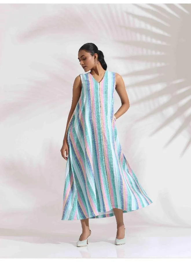 ترو برونز trueBrowns Green Cotton Multi Stripe Flared Dress