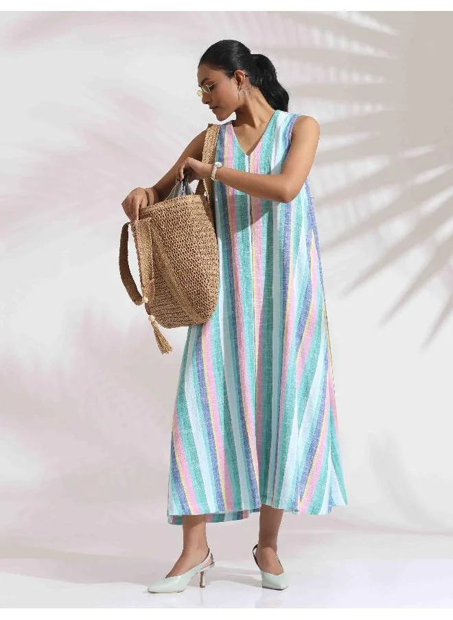 ترو برونز trueBrowns Green Cotton Multi Stripe Flared Dress