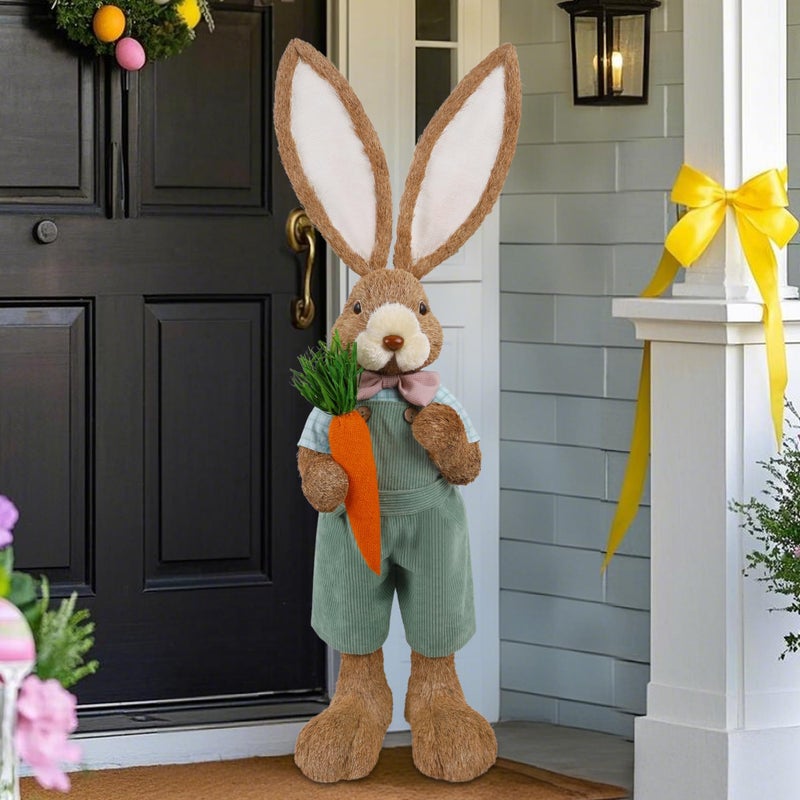 DR.DUDU Easter Bunny Decor, 2.7 FT Large Bunnies Statue Outdoor Porch Decorations with Carrot, Sisal Tall Bunny Topiary Easter Standing Straw Rabbit for Indoor Garden Farmhouse Front Door Spring - Image 1