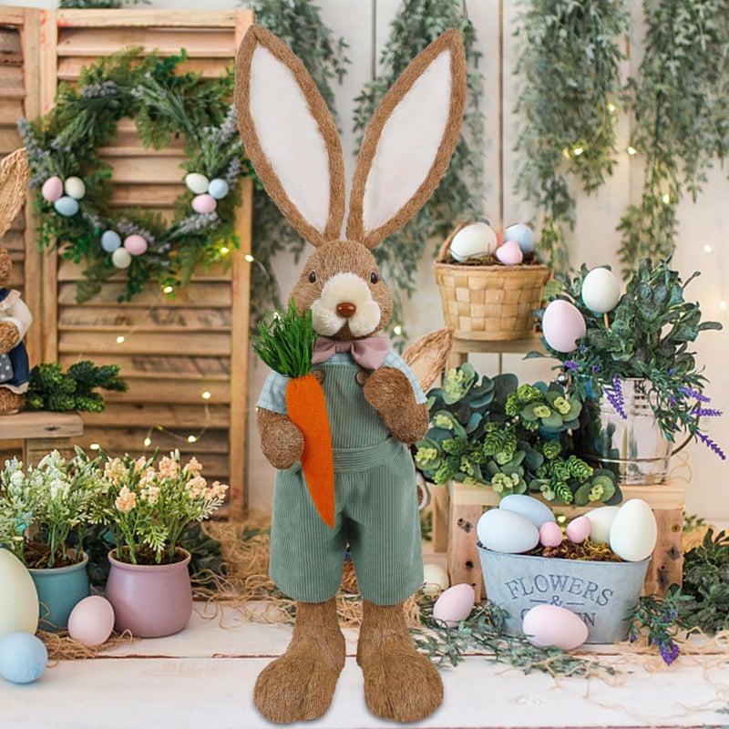 DR.DUDU Easter Bunny Decor, 2.7 FT Large Bunnies Statue Outdoor Porch Decorations with Carrot, Sisal Tall Bunny Topiary Easter Standing Straw Rabbit for Indoor Garden Farmhouse Front Door Spring - Image 2