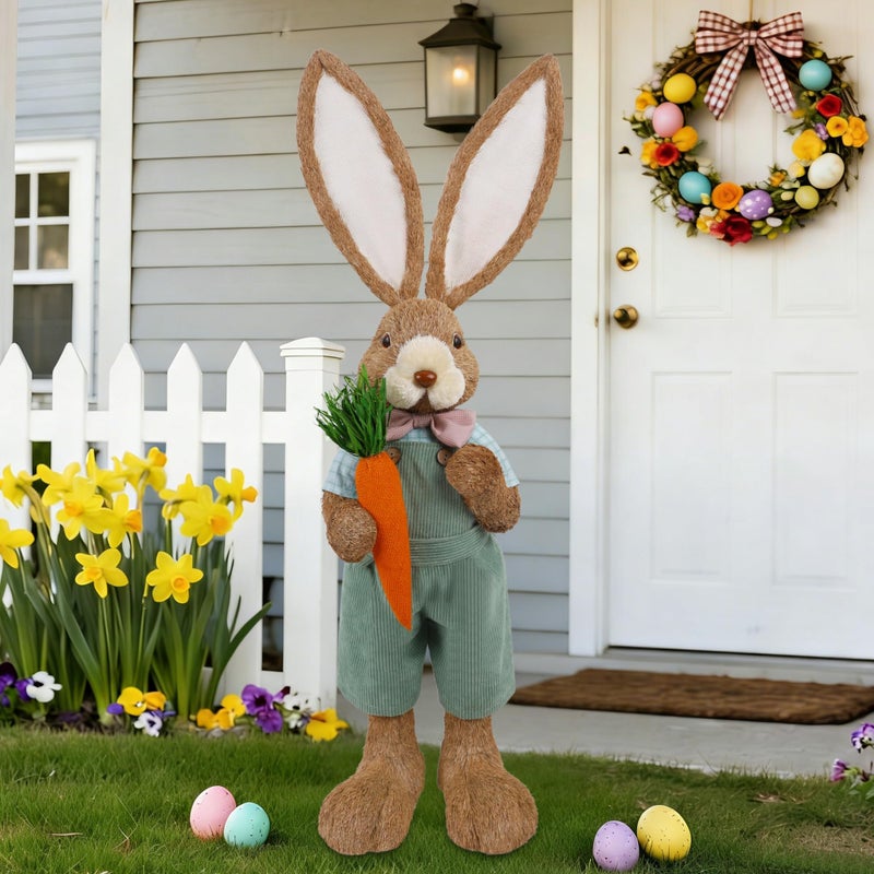 DR.DUDU Easter Bunny Decor, 2.7 FT Large Bunnies Statue Outdoor Porch Decorations with Carrot, Sisal Tall Bunny Topiary Easter Standing Straw Rabbit for Indoor Garden Farmhouse Front Door Spring - Image 5
