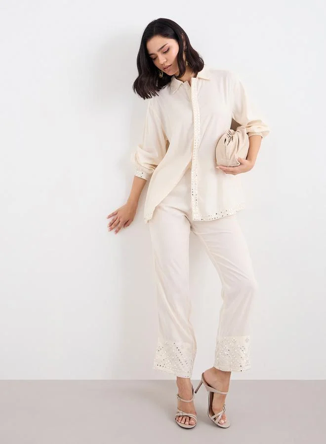 ستايلي Styli Women Off White Mirror-Work Longline Shirt and Pants Co-Ords