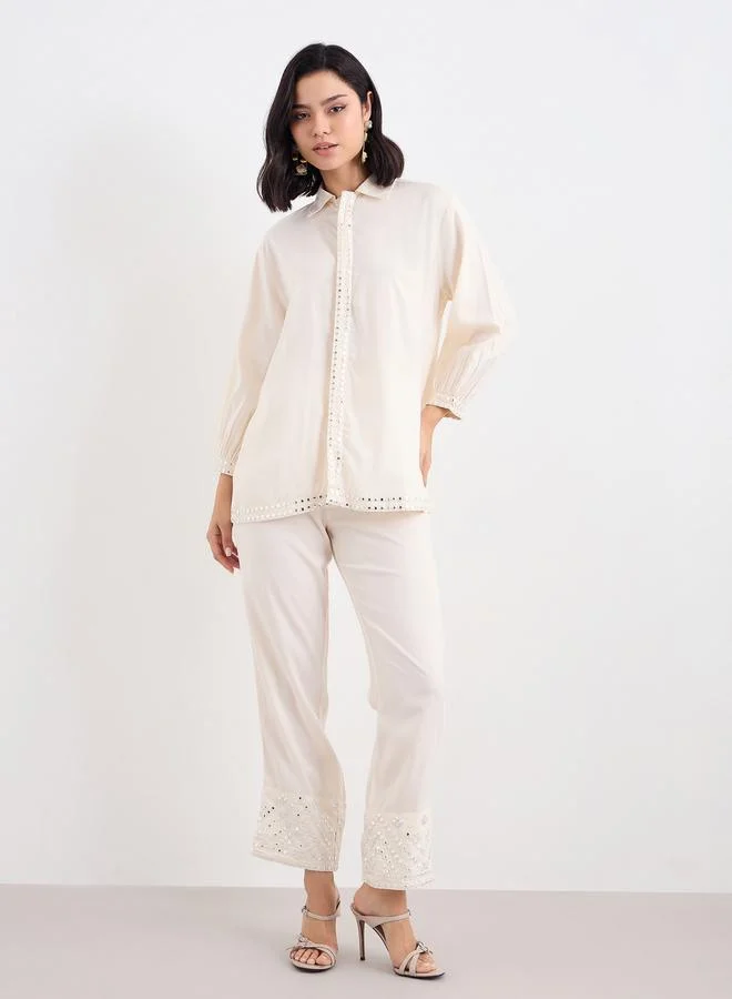 ستايلي Styli Women Off White Mirror-Work Longline Shirt and Pants Co-Ords