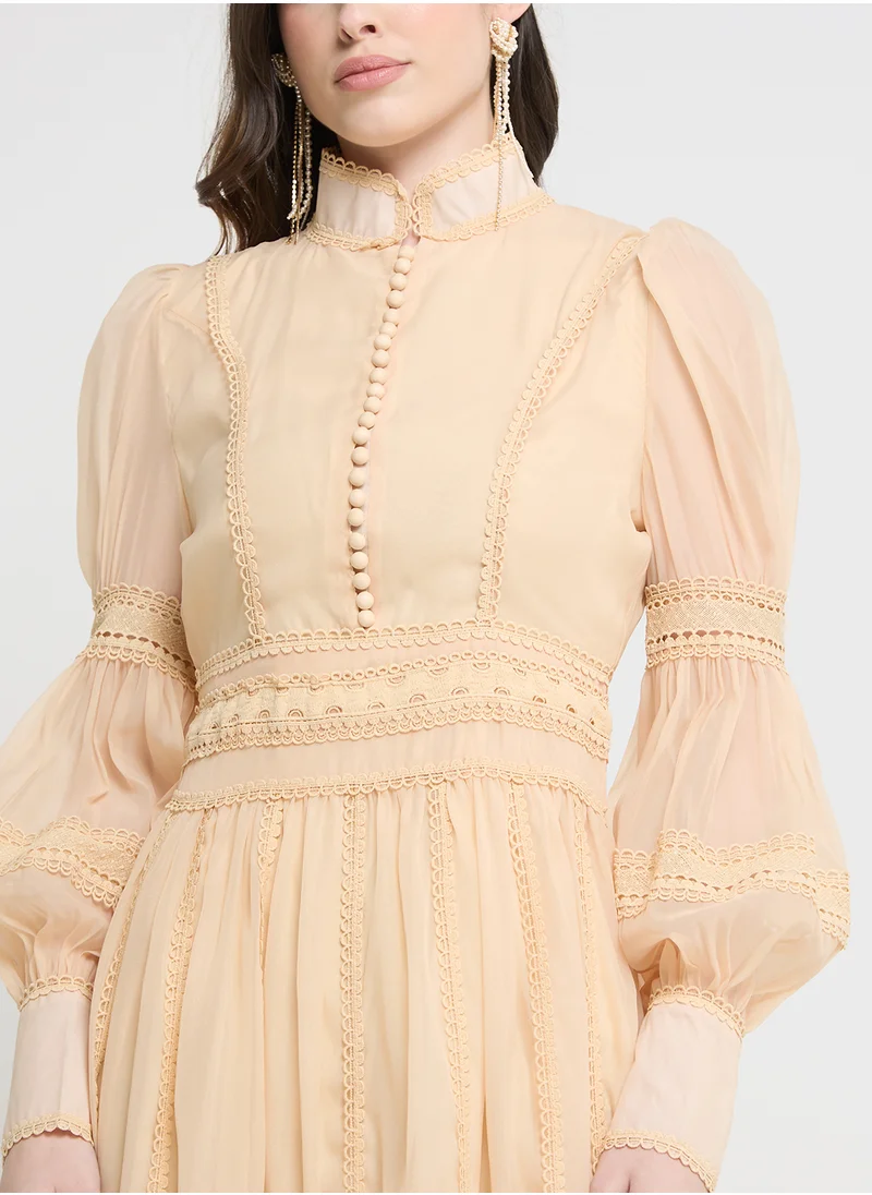 Khizana Puff Sleeve Dress With Lace Trim