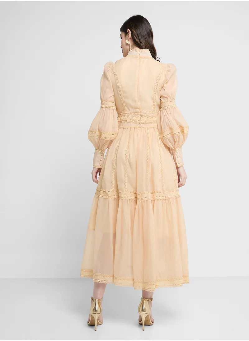 Khizana Puff Sleeve Dress With Lace Trim