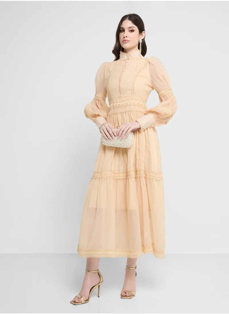 Khizana Puff Sleeve Dress With Lace Trim