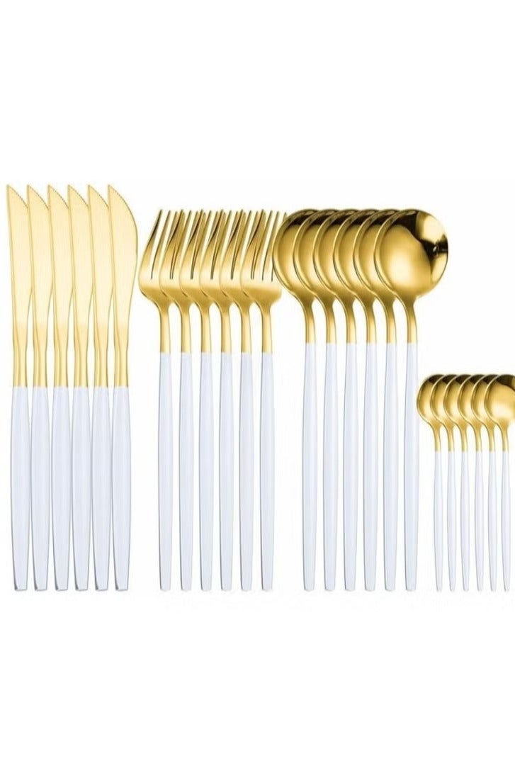 Golden Spoon Set, 24 Pieces in Premium Carton Box, Premium Quality AR - Silverware Set Stainless Steel Cutlery: 24 Piece Dinnerware Utensils Dinner Forks Spoons Steak Knife Service 6 - 24 Piece Spoon Set - 6 Person Cutlery Set, 24 Piece Cutlery Set Black Gold Matt, Dinner Set with Knife Fork Spoon, Stainless Steel Cutlery Set, Dishwasher Safe - Image 1