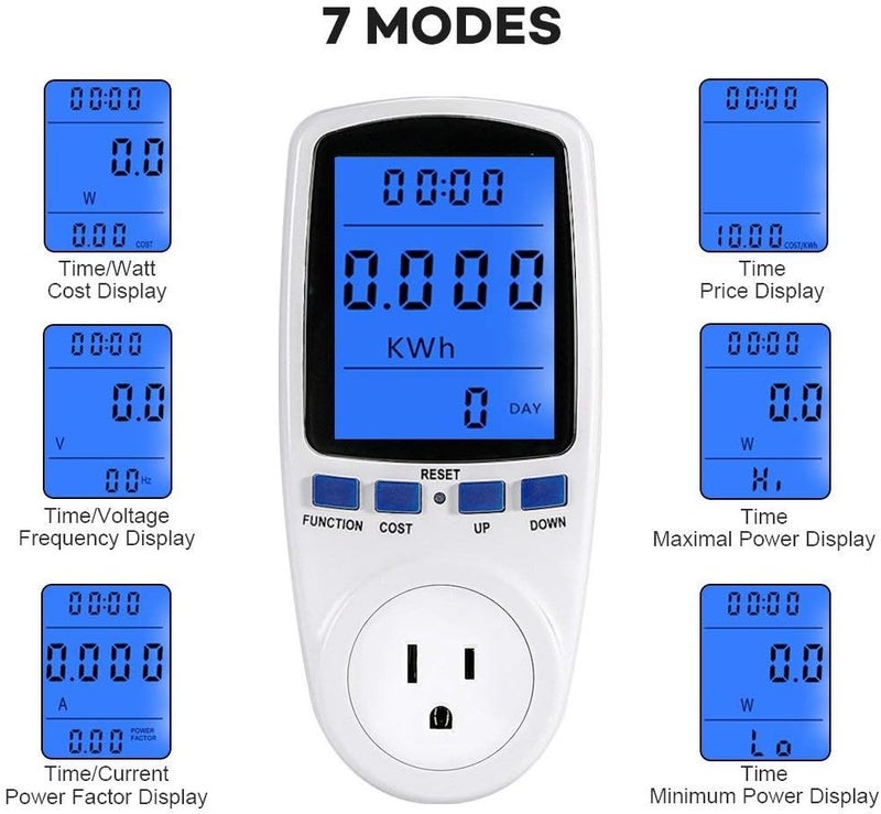 klarako Power Monitor Meter Electricity Usage Monitor Power Meter Plug, Energy Monitoring Device Amp Volt Watt Meter With Digital LCD Display & Backlight, 7 Modes Energy Saving Overload Protection, 120V White - Image 2