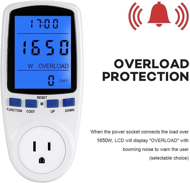 klarako Power Monitor Meter Electricity Usage Monitor Power Meter Plug, Energy Monitoring Device Amp Volt Watt Meter With Digital LCD Display & Backlight, 7 Modes Energy Saving Overload Protection, 120V White - Image 3
