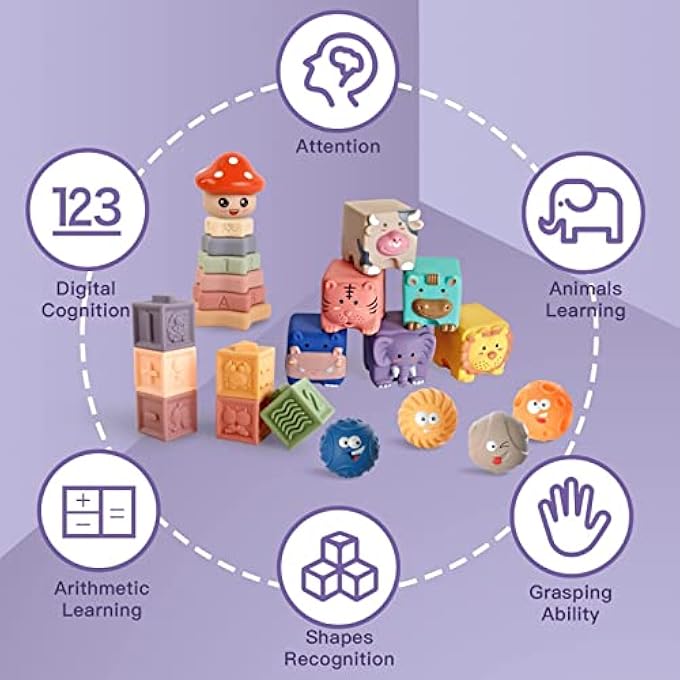 23 قطعة ألعاب للأطفال 6-12 شهرًا، ألعاب مونتيسوري للأطفال بعمر سنة، كتل بناء للتكديس للأطفال من 1-3 سنوات، لعبة ناعمة للأطفال الرضع 0-6 أشهر، كرة حسية للأطفال من 0-3-6-9-12 شهرًا - Image 2