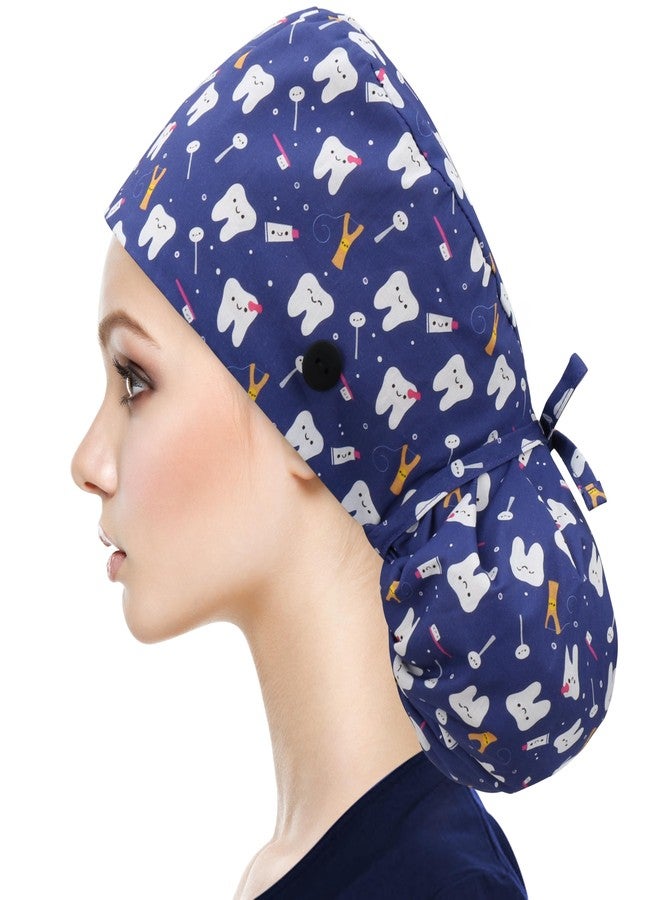 QBA Working Cap with Button Long Hair, Adjustable Working Hat Sweatband Cotton Ponytail Holder, Tie Back Hats for Women & Men, One Size, #Satin Lined Cartoon Teeth, One size - Image 2