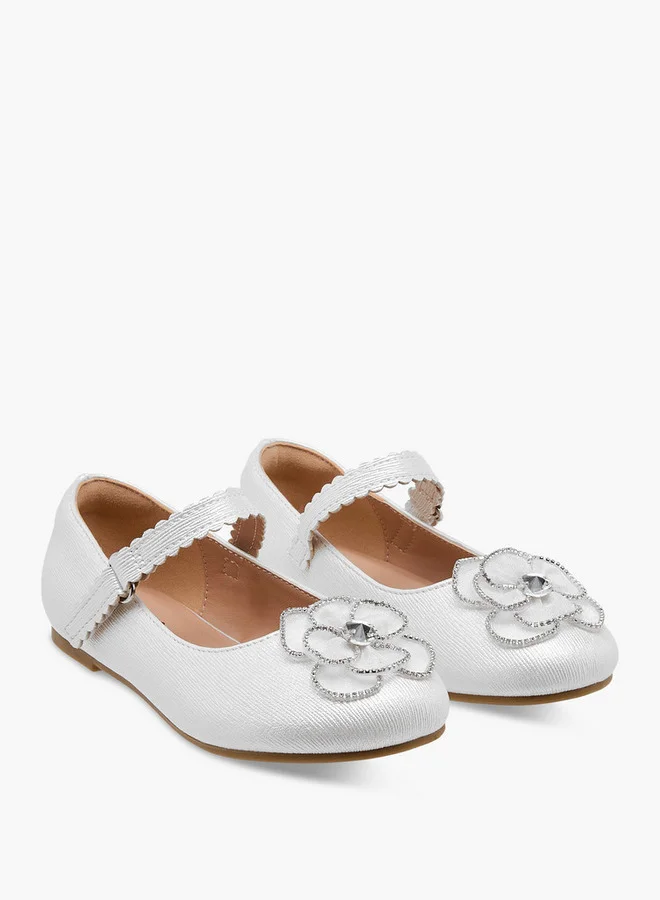 JUNIORS Girls Flower Embellished Ballerina Shoes with Hook and Loop Closure