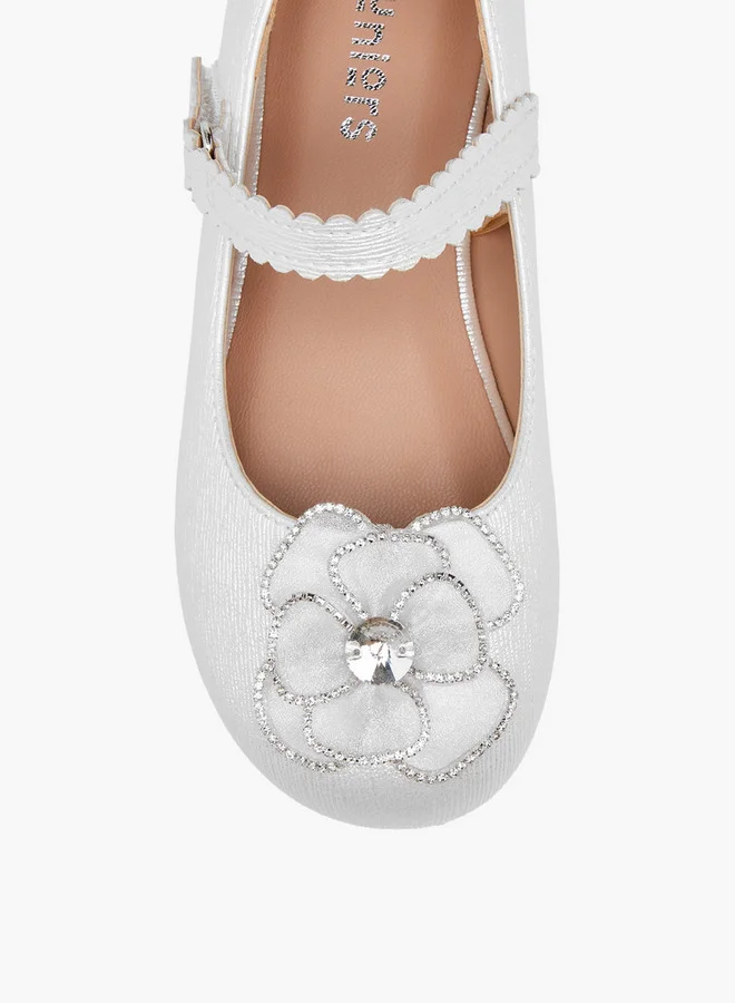 JUNIORS Girls Flower Embellished Ballerina Shoes with Hook and Loop Closure