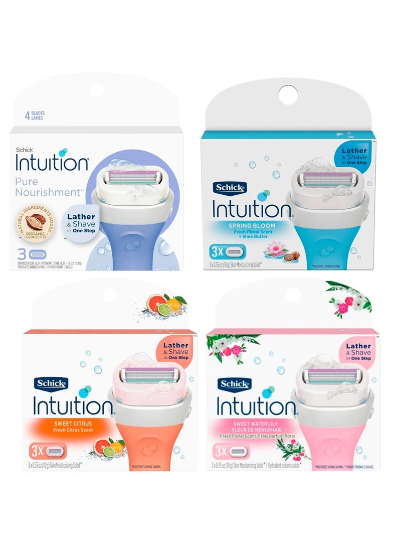 Intuition Schick Intuition  Variety Refill Pack  Includes 3 of each scent Pure Nourishment Sweet Citrus Spring Bloom with Shea Butter Sweet Water Lily Total of 12 Refill Cartridges Gift Set for Women 