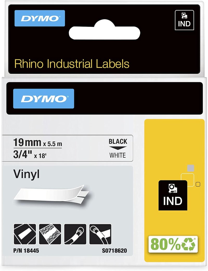 Dymo Rhino Industrial Vinyl Labels, 3/4", Black Print on White Tape - Image 1