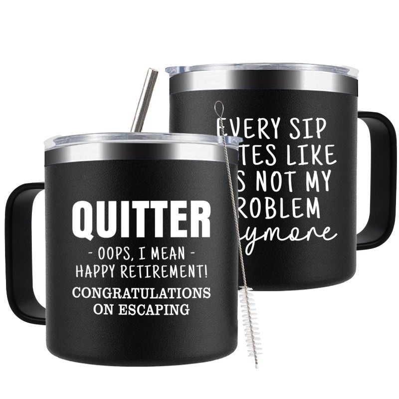 CUPLOOV Funny Retirement Gifts For Men - Quitter I Mean Happy Retirement Coffee Mug with Handle, 14oz Retired Cup Mug Xmas Gifts for Coworker Leaving,Teachers,Doctors, Boss,Friends,Dad Black - Image 1
