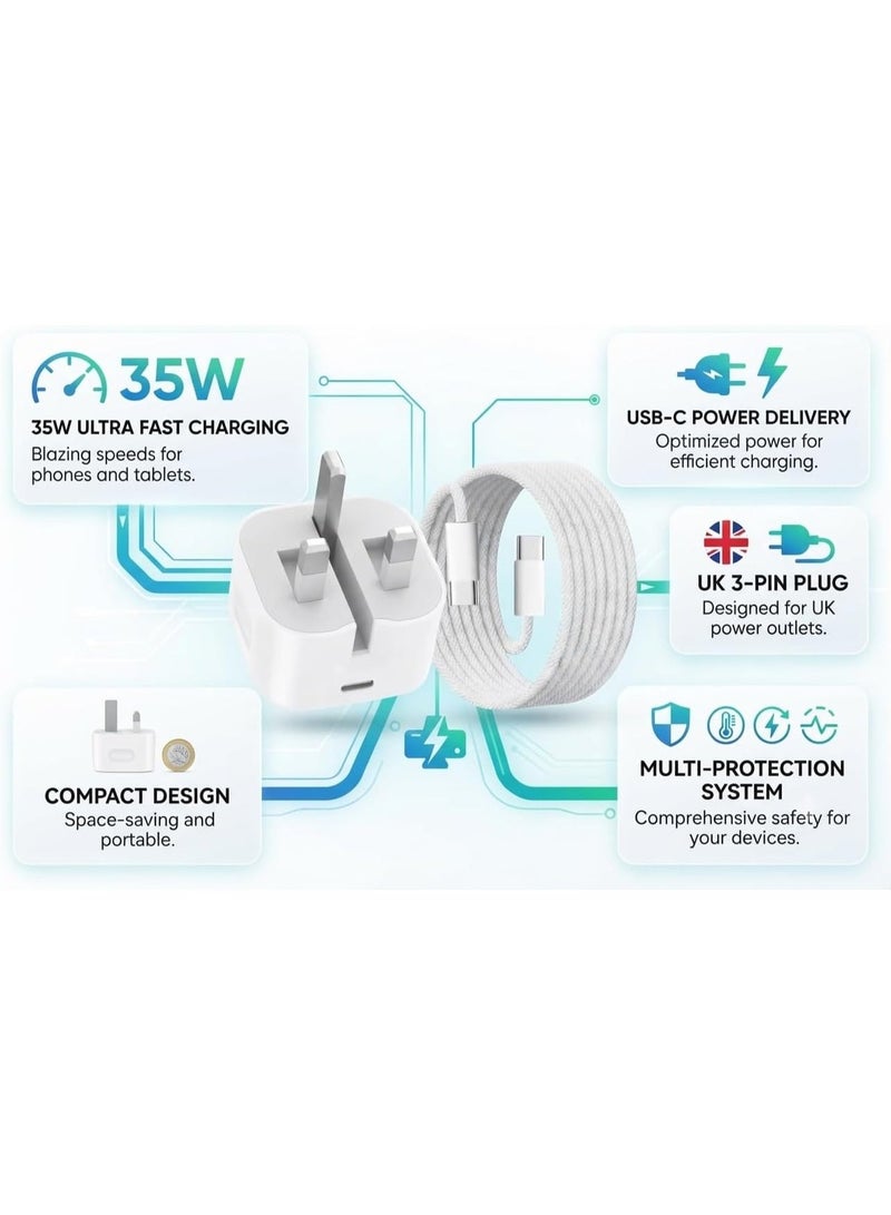 35W USB-C Fast Charger Adapter with Type-C Charging Cable, PD Fast Charging Wall Charger, UK 3-Pin Plug, Compatible with iPhone 16, 16 Plus, 16 Pro, 16 Pro Max, 15 Series, iPad and USB-C Devices - Image 5