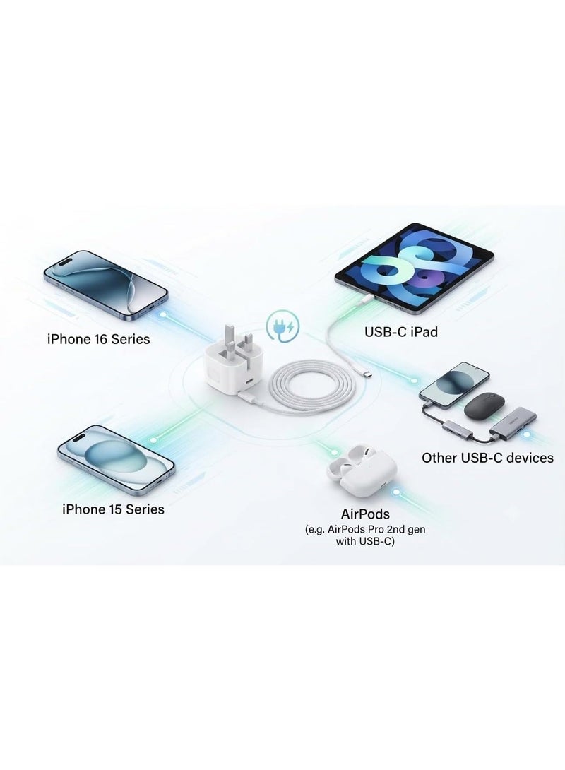 35W USB-C Fast Charger Adapter with Type-C Charging Cable, PD Fast Charging Wall Charger, UK 3-Pin Plug, Compatible with iPhone 16, 16 Plus, 16 Pro, 16 Pro Max, 15 Series, iPad and USB-C Devices - Image 3