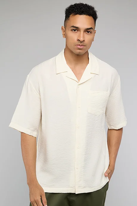 أر أند بي Crinkled Shirt with Revere Collar and Short Sleeves