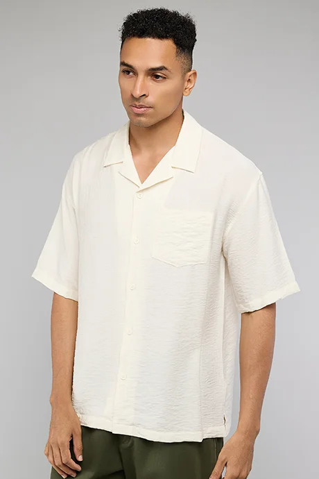 أر أند بي Crinkled Shirt with Revere Collar and Short Sleeves