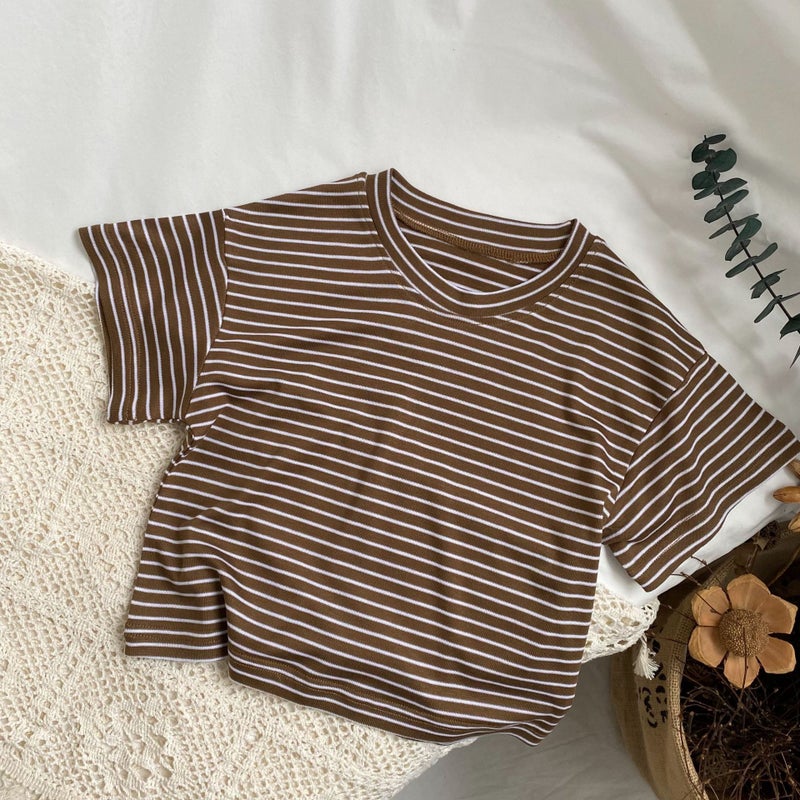 Gl-Kids Korean Children'S Cool Tencel Striped Short-Sleeved T-Shirt Loose All-Match Base Shirt For Men And Women - Image 1