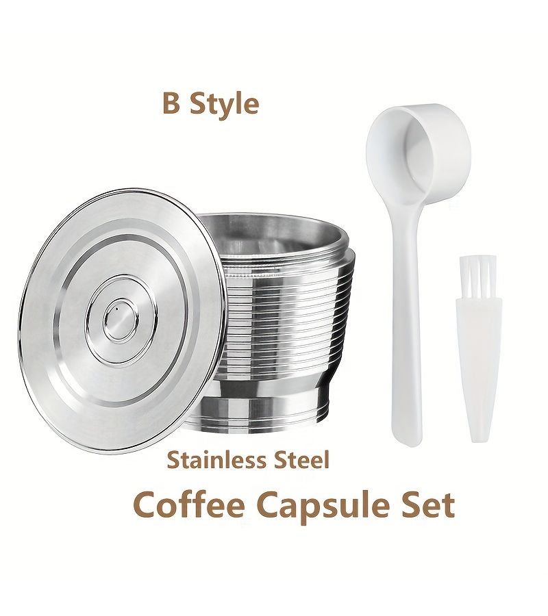 Reusable Stainless Steel Coffee Capsule Set Silvery With Spoon Brush And Cover - Image 1