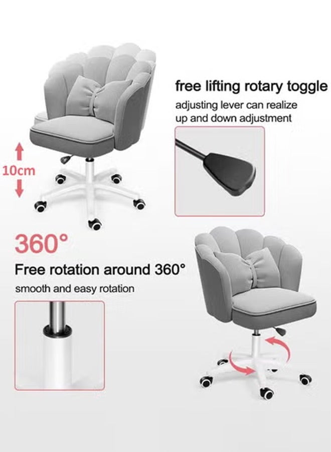 Ergonomic Height-Adjustable Office Chair, 360° Swivel Vanity Chair with Wheels, Elegant Upholstered Flower Petal Design with Cushion - Grey - Image 5