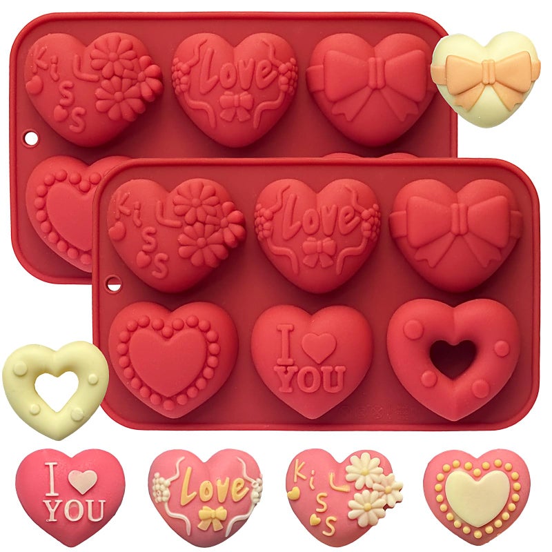ZINDIACINE 2 Pack Silicone Heart Mold, 6 Unique Valentine's Day Heart Chocolate Molds,Heart Shapes Silicone Baking Mold for Cake Chocolate Mousse, Food Grade Non-Stick Flexible Mold Oven Safe - Image 1