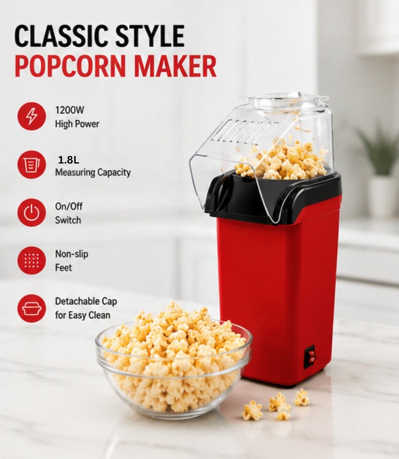 Popcorn Maker | Classic Style Machine makes Hot, Fresh, and Fat-Free popcorn anytime - On/Off Switch, Easy To Use with Non-slip Feet | Detachable Cap for easy clean 1.8l 1200 W SPCM-101 Red - Image 4