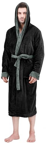 NY Threads روب رجال NY Threads مع غطاء رأس، روب استحمام فخم من الفليس، روب سبا للرجال، صغير/متوسط، أسود ورمادي فولاذي - Image 2