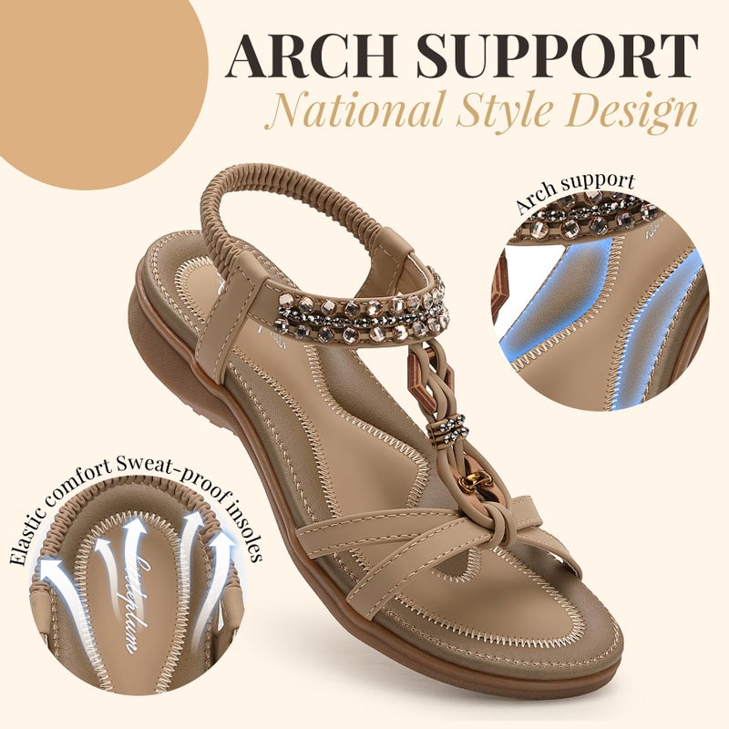 Littleplum Womens Sandals Arch Support Slingback Rhinestone Dressy Sandals Comfort Summer Shoes Ankle Strap Elastic Flats for Beach Walking Stylish Apricot Size 8.5 - Image 3