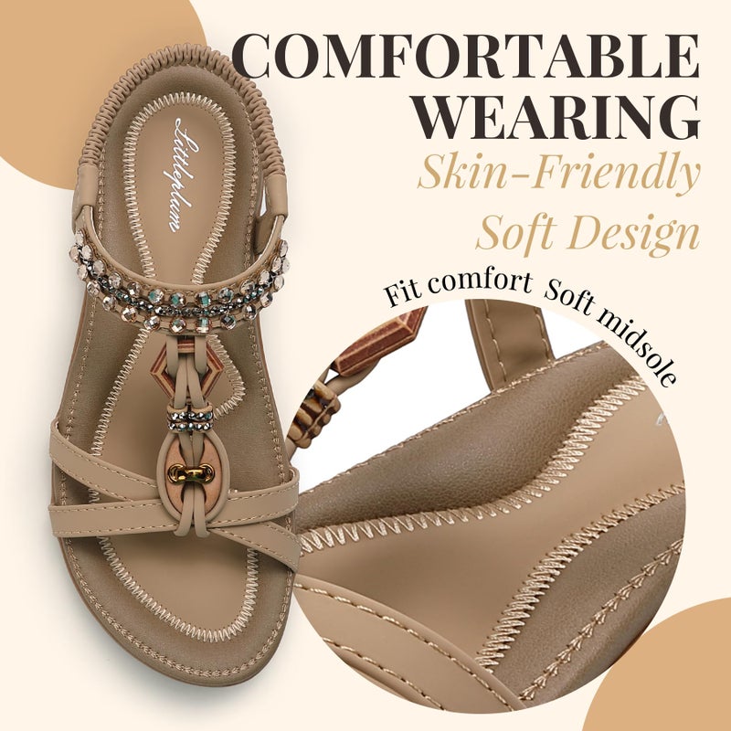 Littleplum Womens Sandals Arch Support Slingback Rhinestone Dressy Sandals Comfort Summer Shoes Ankle Strap Elastic Flats for Beach Walking Stylish Apricot Size 8.5 - Image 4