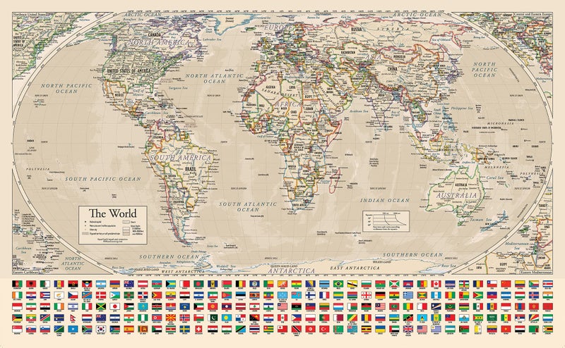Palace Learning Equal Earth Antique World Map - Equal earth map design shows continents at true relative size. (LAMINATED, 18” x 29”) - Image 1