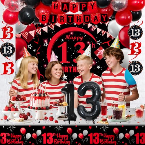 Coosilion 13th Birthday Decorations for Boys Girls Red Black Official teenager decorations with Happy Birthday Banner Backdrop 13 Balloon Numbers Honeycomb Centerpieces 13 Years Old Party Supplies - Image 5