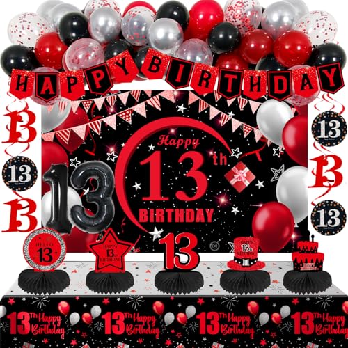 Coosilion 13th Birthday Decorations for Boys Girls Red Black Official teenager decorations with Happy Birthday Banner Backdrop 13 Balloon Numbers Honeycomb Centerpieces 13 Years Old Party Supplies - Image 1