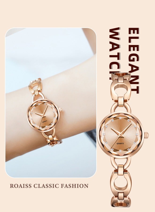 roaiss Women's Skeletonized Bracelet Quartz Watch, Analog Display Round Rose Gold Dial Watch with Rhinestones Decoration, Waterproof Elegant Watch as Gift for Women  - Image 1