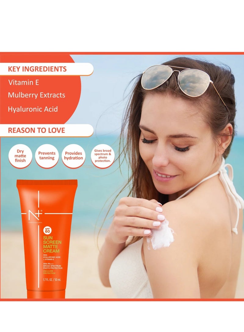 N Plus Professional Professional Matte Sunscreen Cream SPF 60 – Tinted, High Protection, Mattifying Sunblock for Oily Skin, UVA & UVB Defense, Instant Bright Glow - Image 4