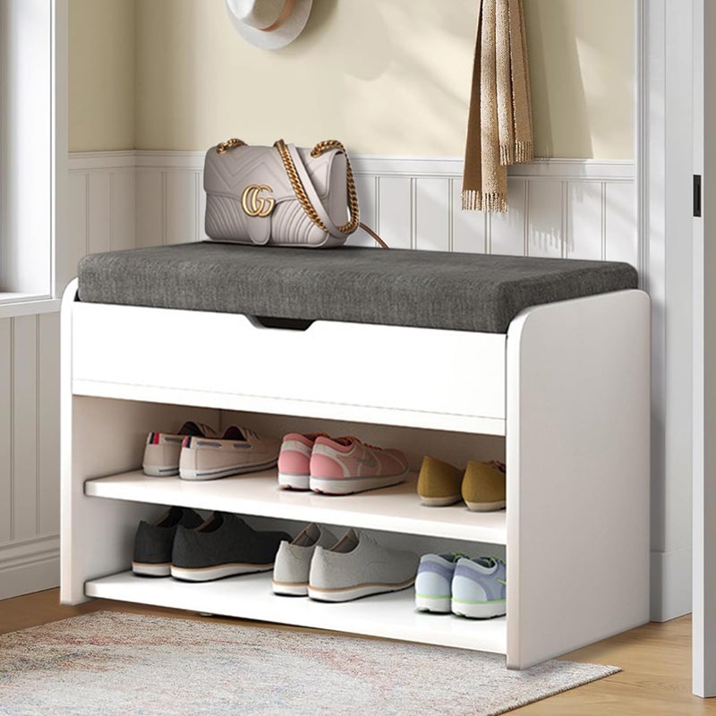 Fohome Shoe Cabinet,Shoe Bench with Cushion,Storage Bench with Padded Seat,Hallway Bench with 3 Compartments, 30 x 60 x 44 cm,Suitable for Bedroom,Living Room(Grey) - Image 2