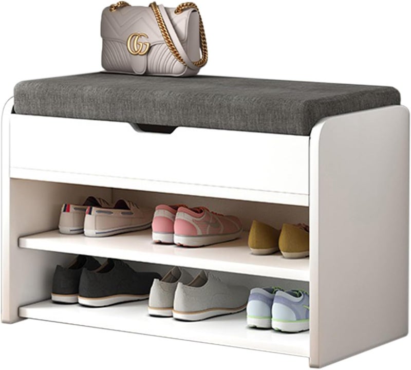 Fohome Shoe Cabinet,Shoe Bench with Cushion,Storage Bench with Padded Seat,Hallway Bench with 3 Compartments, 30 x 60 x 44 cm,Suitable for Bedroom,Living Room(Grey) - Image 1