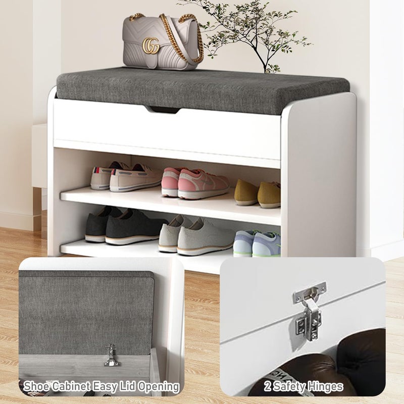 Fohome Shoe Cabinet,Shoe Bench with Cushion,Storage Bench with Padded Seat,Hallway Bench with 3 Compartments, 30 x 60 x 44 cm,Suitable for Bedroom,Living Room(Grey) - Image 4