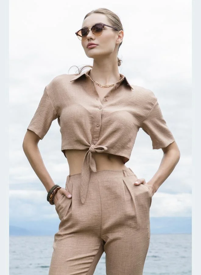 Lela Lela Linen Look Tied Short Sleeve Crop Shirt Women's SHIRT 611AU007