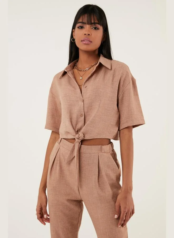 ليلا قميص قصير بأكمام قصيرة من الكتان للنساء