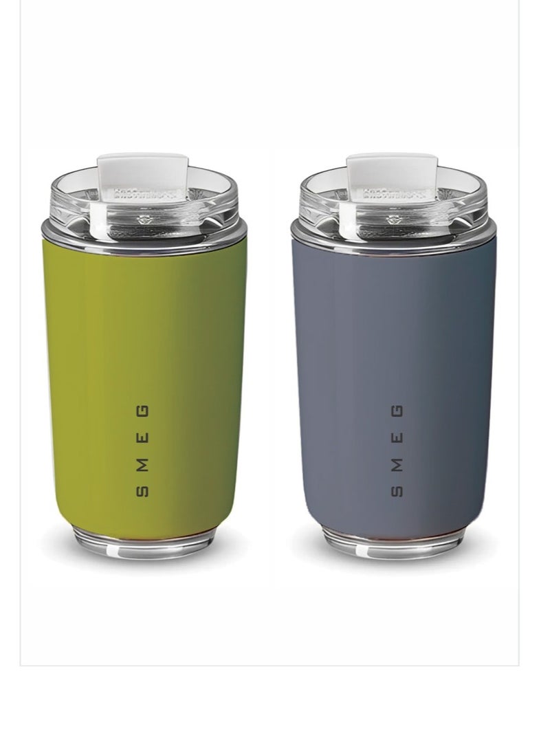 smeg Travel Mug, Insulated Coffee Tumbler, Leak Proof Stainless Steel Thermal Reusable Coffee Cup, Lightweight And Portable Drink Container For Office Traveling, (Pack Of 2pcs, 350ML, Green And Grey)