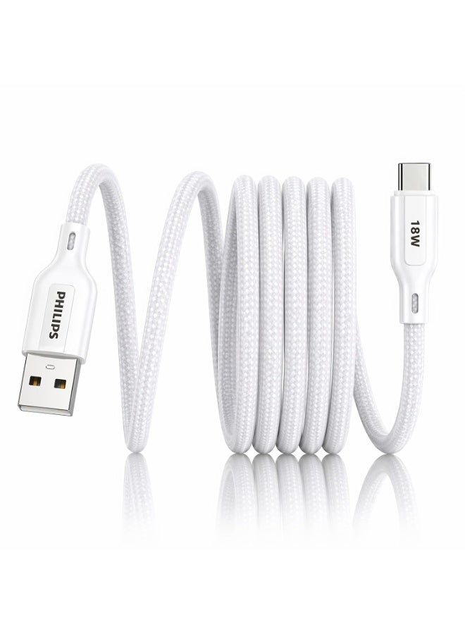 PHILIPS USB Type-A to Type-C Fast Charging Cable, 18W Fast Charging, Nylon Braided, 2m, Bright White, DLC4160AW/94 white - Image 1