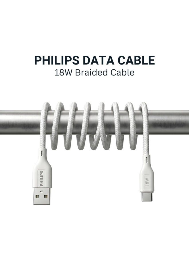 PHILIPS USB Type-A to Type-C Fast Charging Cable, 18W Fast Charging, Nylon Braided, 2m, Bright White, DLC4160AW/94 white - Image 2