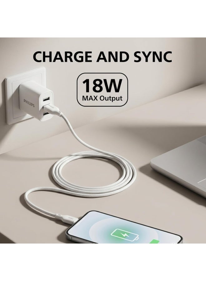PHILIPS USB Type-A to Type-C Fast Charging Cable, 18W Fast Charging, Nylon Braided, 2m, Bright White, DLC4160AW/94 white - Image 5