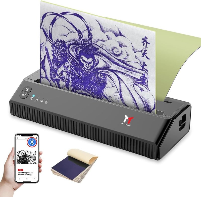 meihengtong Tattoo Stencil Printer Bluetooth Thermal Wireless Portable Tattoo Stencil Transfer Machine Copier with 10pcs Transfer Paper P8008 Compatible with Android, iOS & Windows 